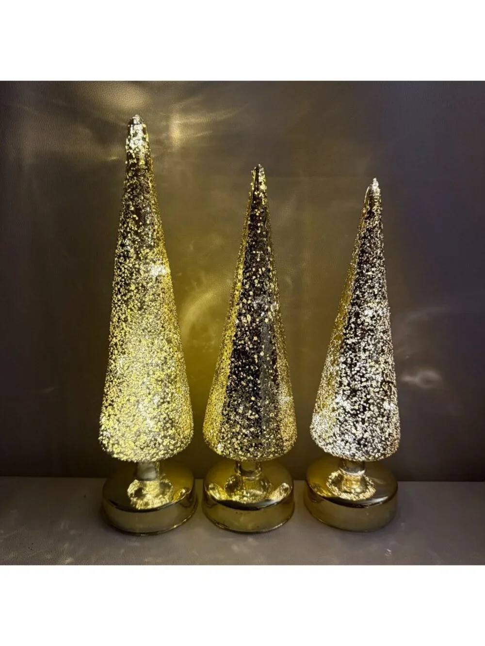 Mr. Christmas Mercury Glass Footed Trees Snowy Texture Gold 13.5